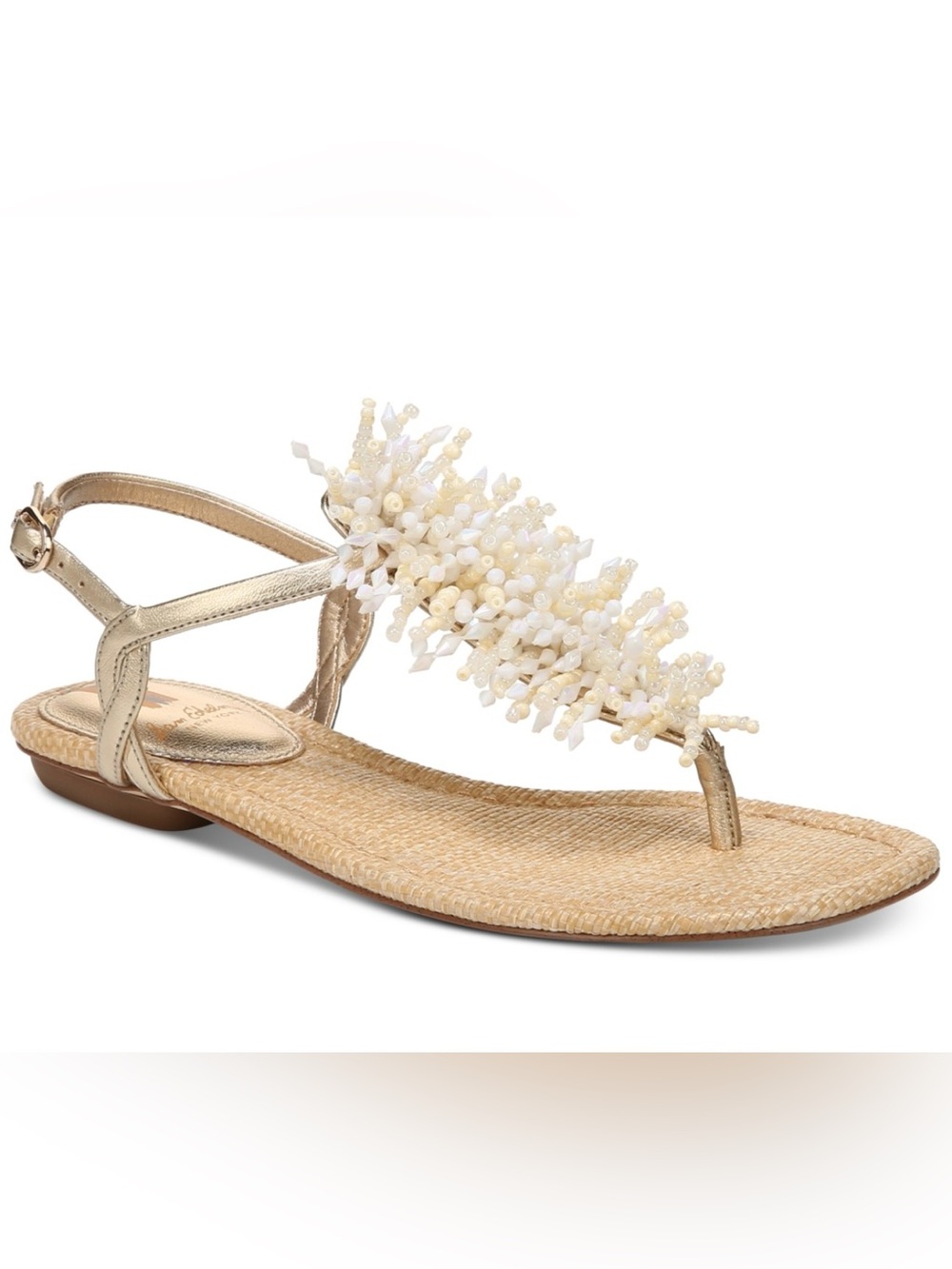 Sam Edelman Gold T-Strap Sandals with Ivory Bead Cluster